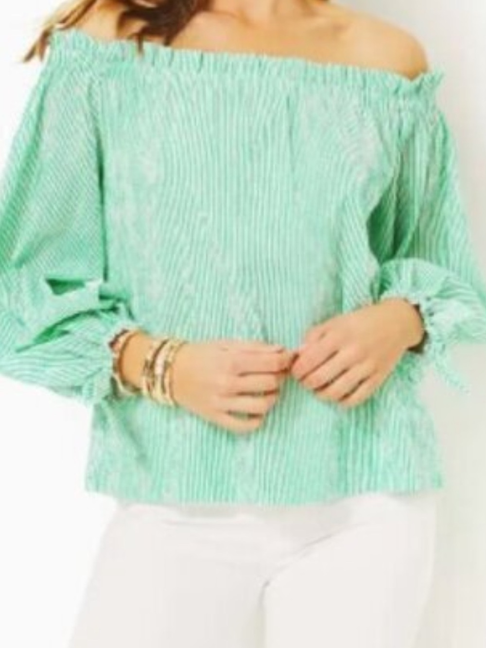 Lilly Pulitzer Jamielynn Spearmint Harbor Stripe Off-Shoulder Top Size XS NWOT